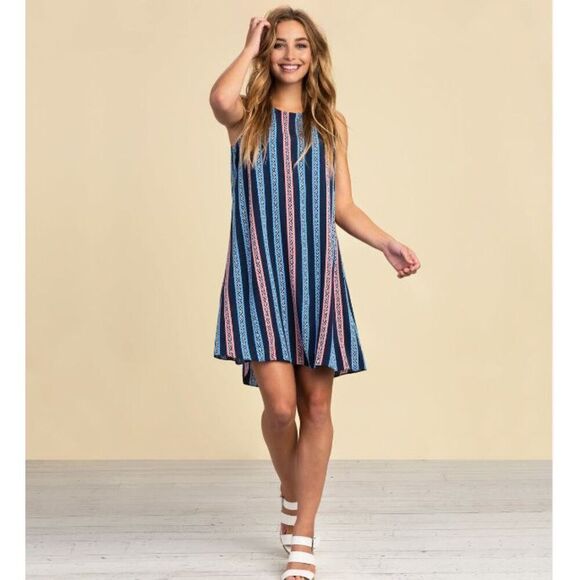 Hatley Meghan Dress Navy Blue Pink Herringbone Stripes Back Tassel Size Small - Picture 2 of 13